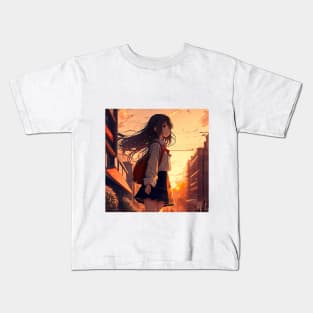 Magical Anime Sunset: Sailor Schoolgirl's Cityscape Journey Kids T-Shirt